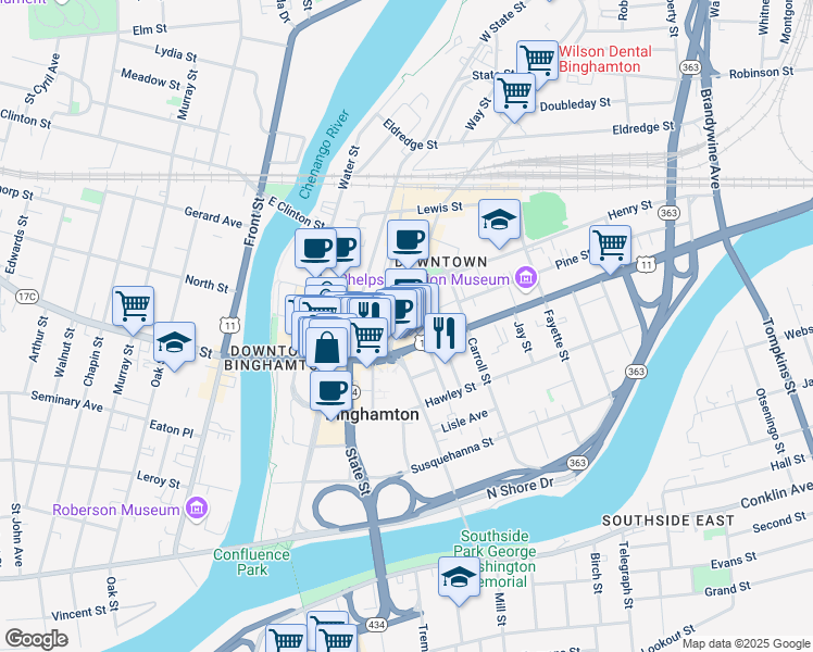 map of restaurants, bars, coffee shops, grocery stores, and more near 97 Court Street in Binghamton