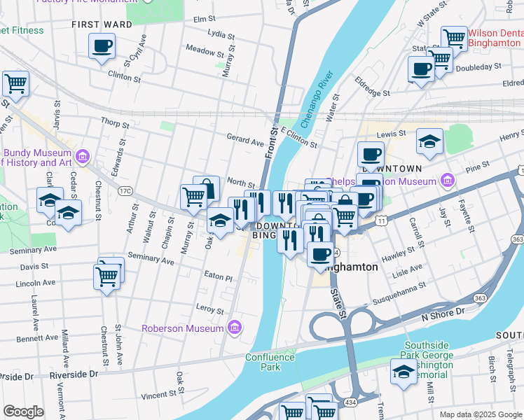 map of restaurants, bars, coffee shops, grocery stores, and more near 2 Main Street in Binghamton
