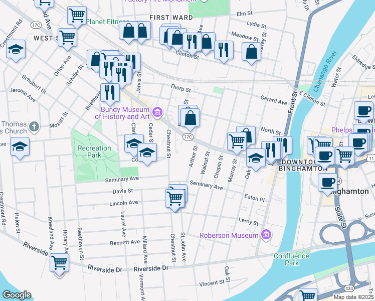 map of restaurants, bars, coffee shops, grocery stores, and more near 11 Arthur Street in Binghamton