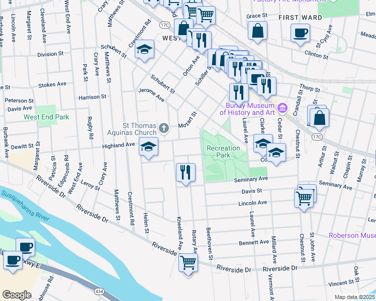 map of restaurants, bars, coffee shops, grocery stores, and more near 88 Rotary Avenue in Binghamton