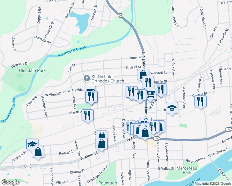 map of restaurants, bars, coffee shops, grocery stores, and more near 308 Jennings Street in Endicott