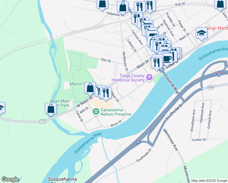 map of restaurants, bars, coffee shops, grocery stores, and more near 73 William St in Owego