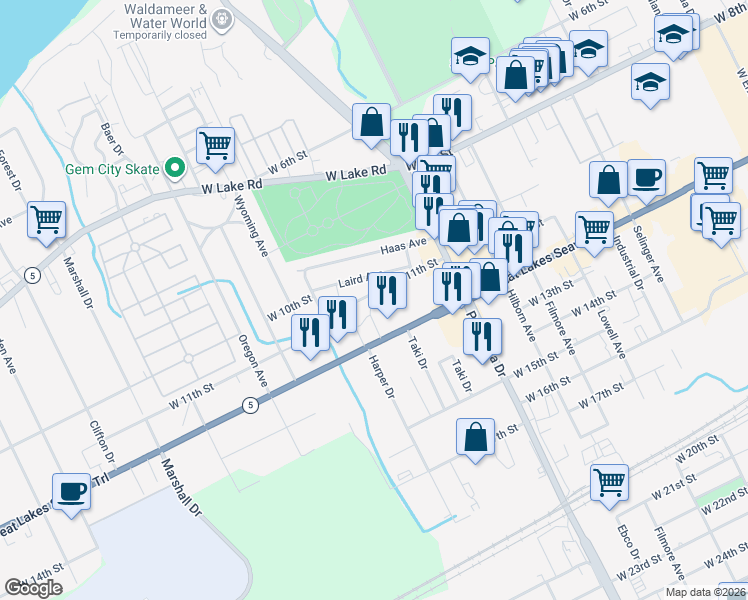 map of restaurants, bars, coffee shops, grocery stores, and more near 3005 West 11th Street in Erie