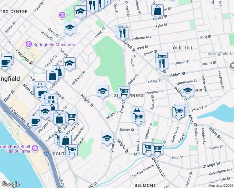 map of restaurants, bars, coffee shops, grocery stores, and more near 21 Cedar Street in Springfield