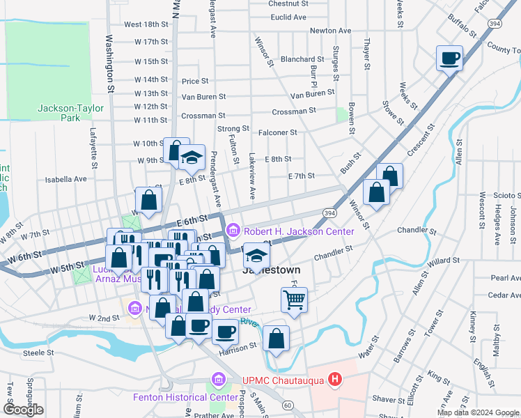 map of restaurants, bars, coffee shops, grocery stores, and more near 422 East 6th Street in Jamestown