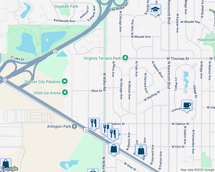 map of restaurants, bars, coffee shops, grocery stores, and more near 1716 West Olive Street in Arlington Heights