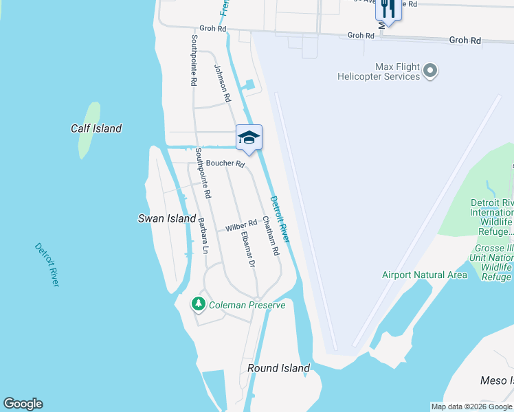 map of restaurants, bars, coffee shops, grocery stores, and more near 28350 Chatham Road in Grosse Ile Township