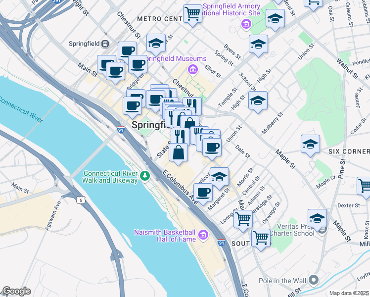 map of restaurants, bars, coffee shops, grocery stores, and more near 19 Bliss Street in Springfield