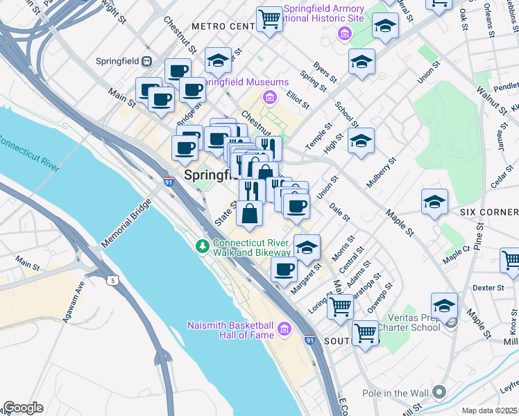 map of restaurants, bars, coffee shops, grocery stores, and more near 19 Bliss Street in Springfield