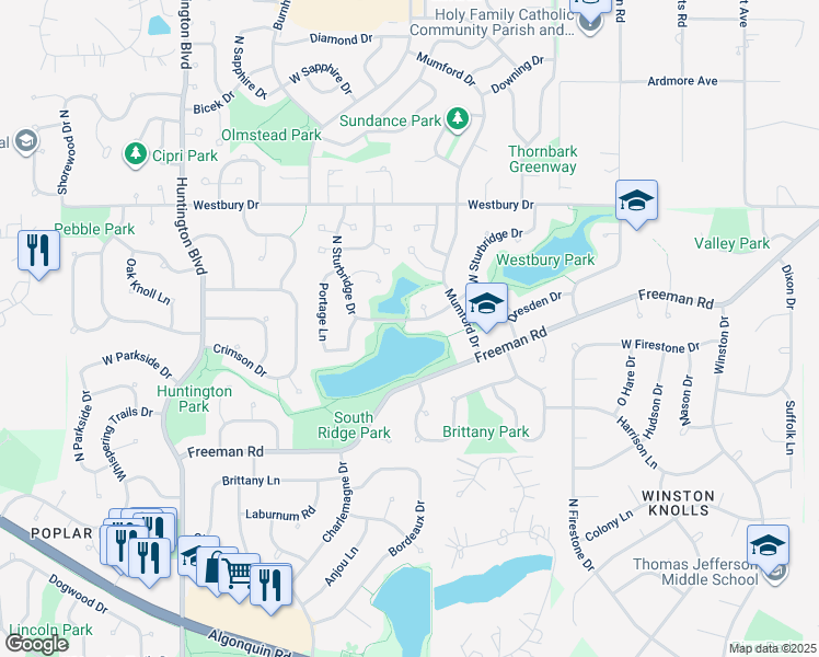 map of restaurants, bars, coffee shops, grocery stores, and more near 1355 West Sturbridge Drive in Hoffman Estates