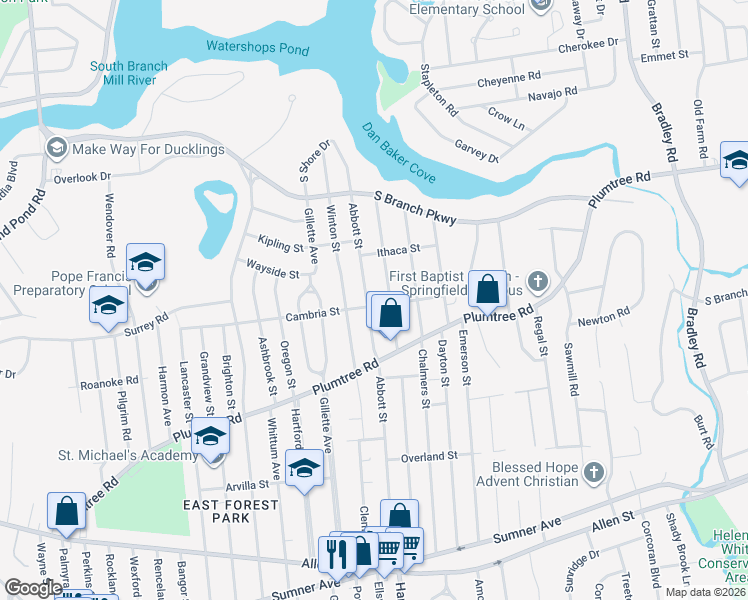 map of restaurants, bars, coffee shops, grocery stores, and more near 333 Abbott Street in Springfield