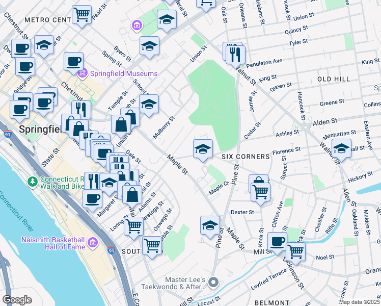 map of restaurants, bars, coffee shops, grocery stores, and more near 41-43 Avon Place in Springfield