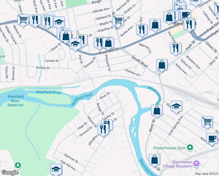 map of restaurants, bars, coffee shops, grocery stores, and more near 7 Spring Street in Agawam