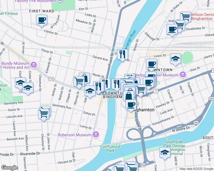 map of restaurants, bars, coffee shops, grocery stores, and more near 156 Front Street in Vestal