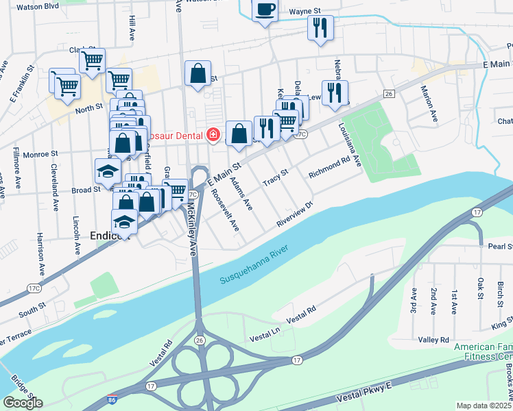 map of restaurants, bars, coffee shops, grocery stores, and more near 410 1/2 Jackson Avenue in Endicott