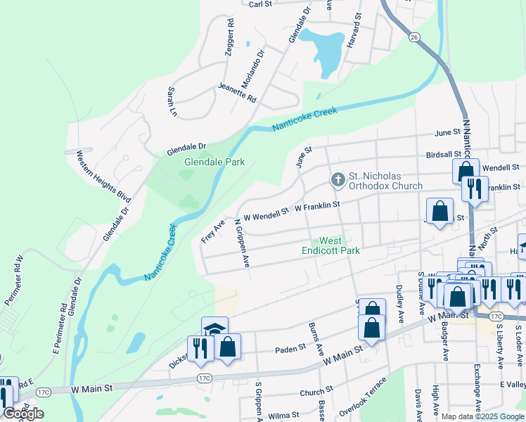 map of restaurants, bars, coffee shops, grocery stores, and more near 625 June Street in Endicott