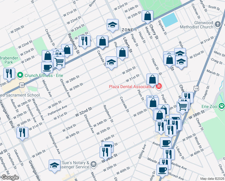 map of restaurants, bars, coffee shops, grocery stores, and more near 1015 West 30th Street in Erie
