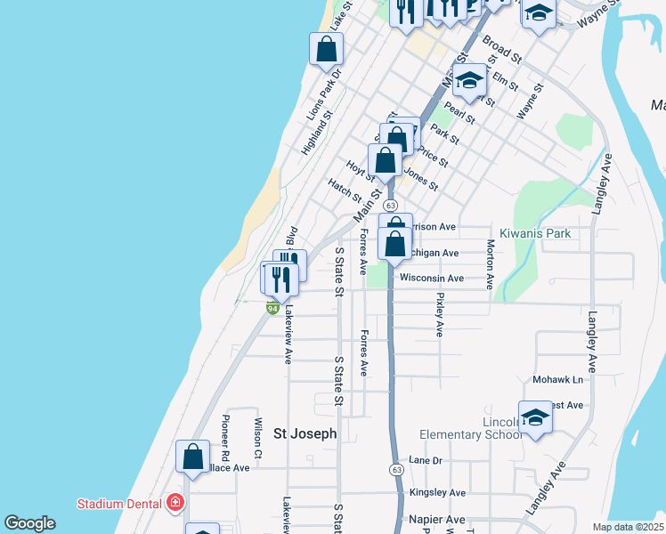 map of restaurants, bars, coffee shops, grocery stores, and more near 1406 South State Street in St. Joseph