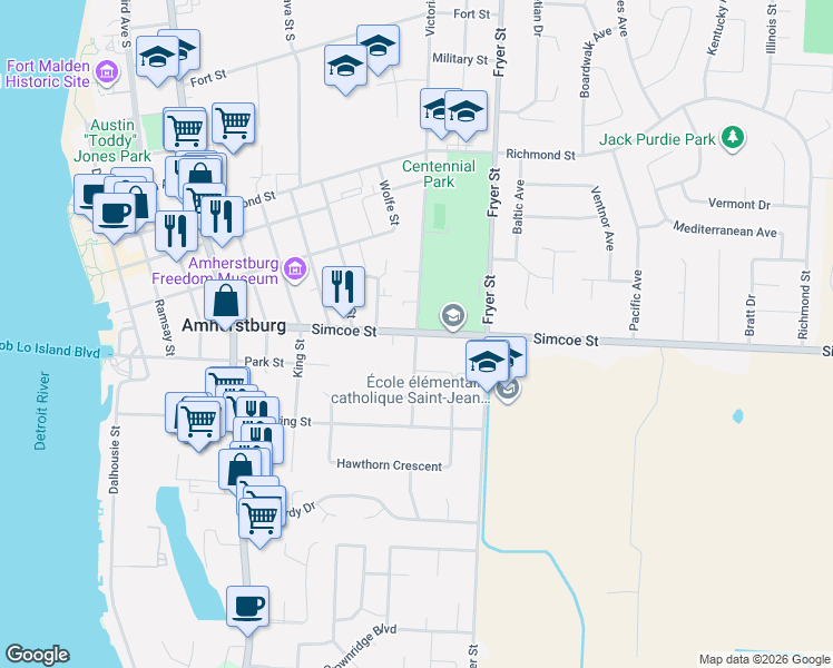map of restaurants, bars, coffee shops, grocery stores, and more near Victoria Street South in Amherstburg