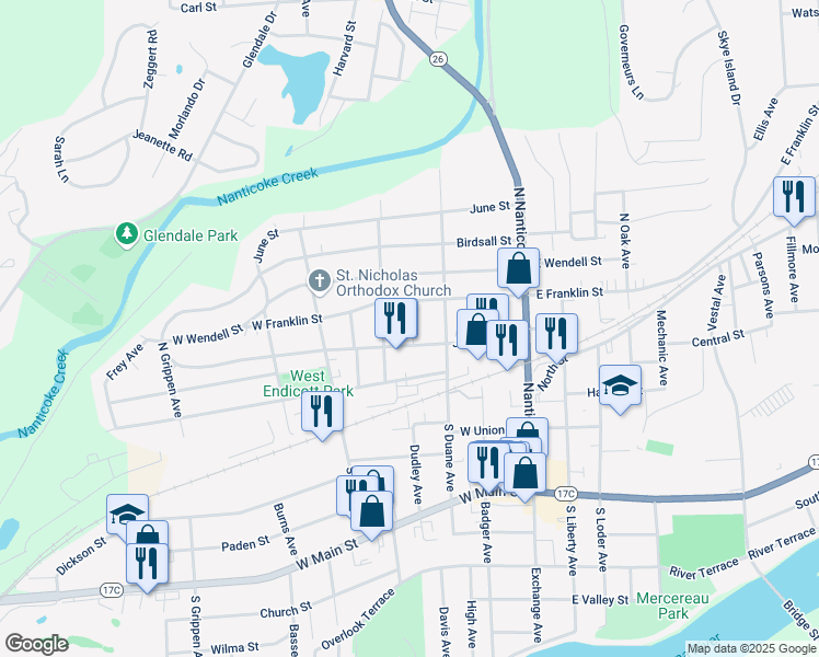 map of restaurants, bars, coffee shops, grocery stores, and more near 308 West Franklin Street in Endicott
