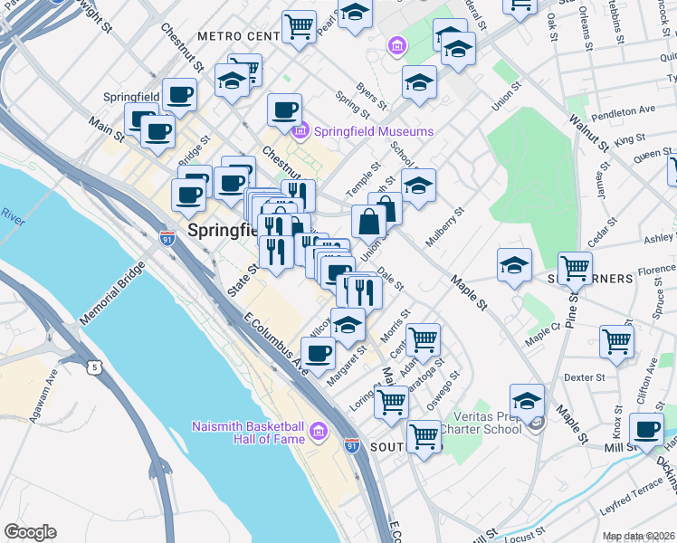 map of restaurants, bars, coffee shops, grocery stores, and more near 15 Park Street in Springfield