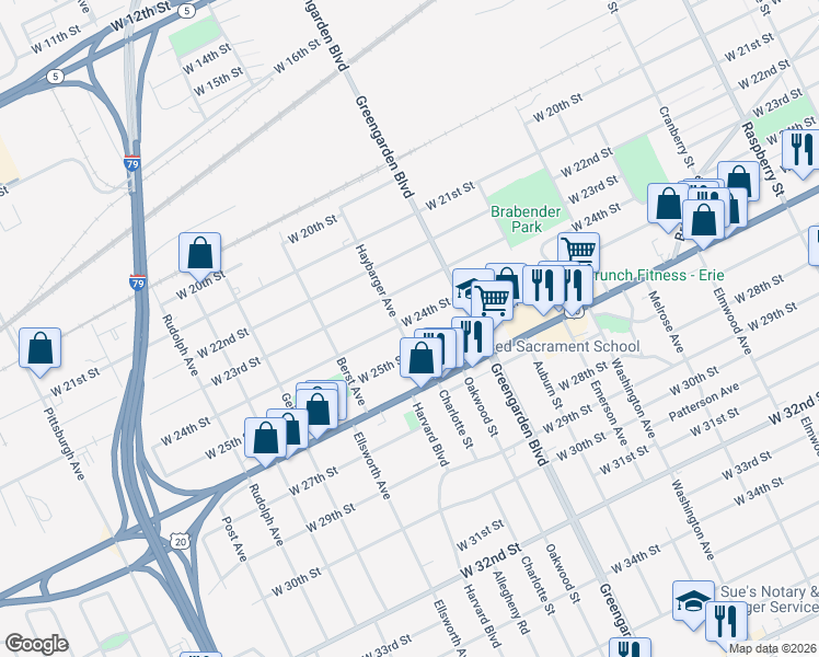 map of restaurants, bars, coffee shops, grocery stores, and more near 1699 West 24th Street in Erie