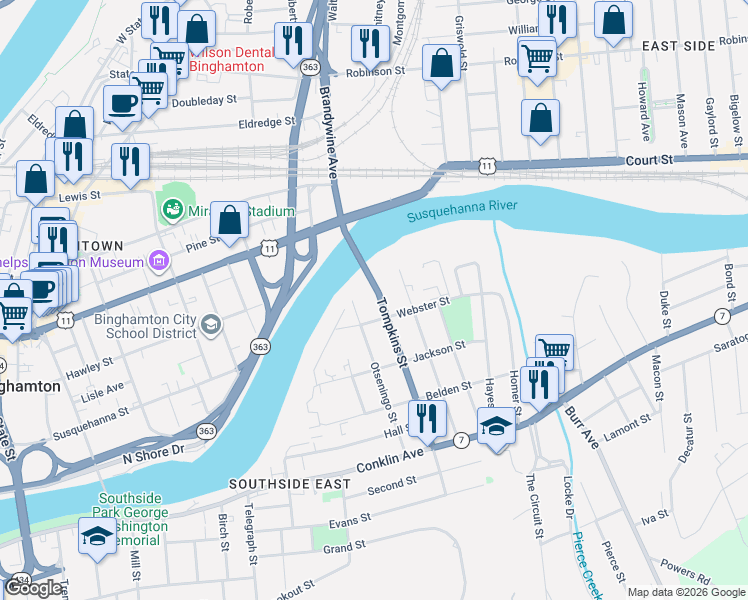 map of restaurants, bars, coffee shops, grocery stores, and more near 18 Tompkins Street in Binghamton