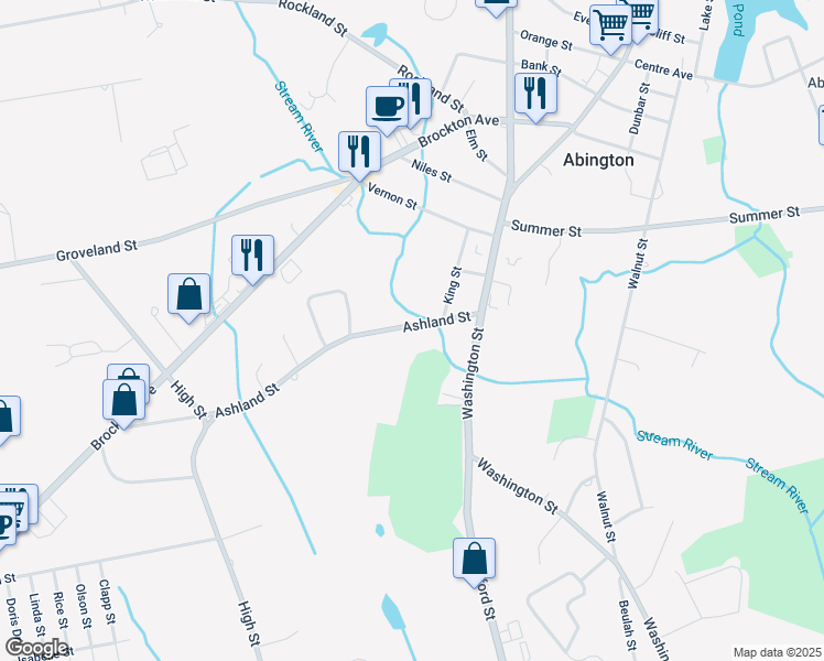 map of restaurants, bars, coffee shops, grocery stores, and more near 75 Ashland Street in Abington