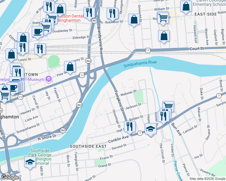 map of restaurants, bars, coffee shops, grocery stores, and more near 282 Court Street in Binghamton