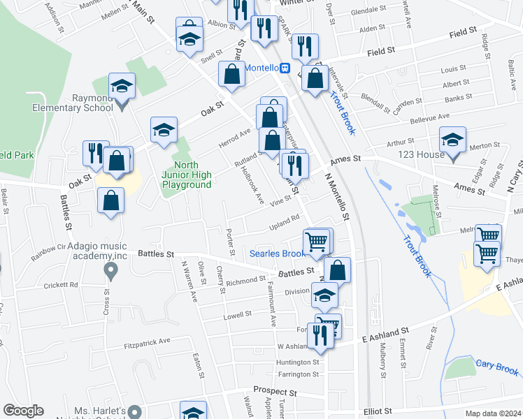 map of restaurants, bars, coffee shops, grocery stores, and more near 46 Vine Street in Brockton