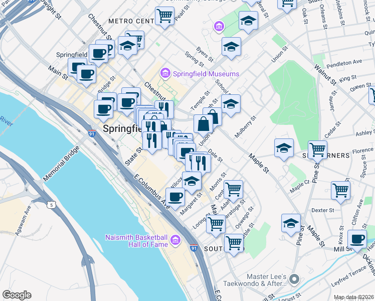 map of restaurants, bars, coffee shops, grocery stores, and more near 45 Willow Street in Springfield