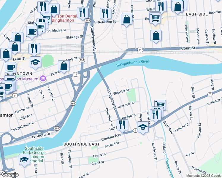 map of restaurants, bars, coffee shops, grocery stores, and more near 4 Broome Street in Binghamton