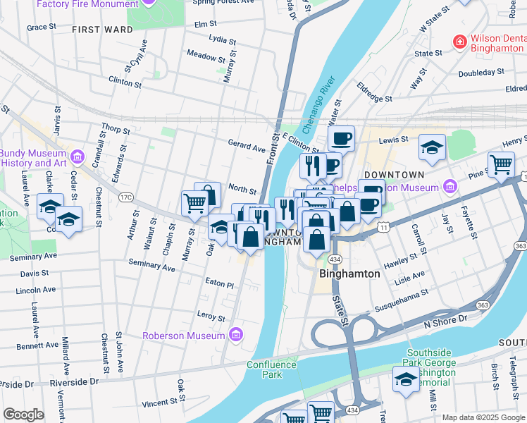 map of restaurants, bars, coffee shops, grocery stores, and more near 156 Front Street in Vestal