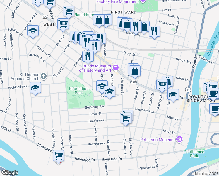 map of restaurants, bars, coffee shops, grocery stores, and more near 23 Cedar Street in Binghamton