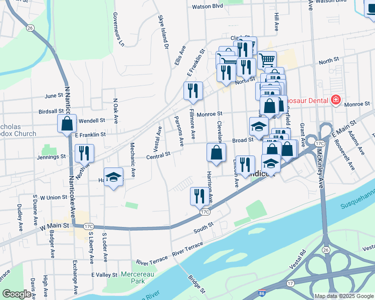 map of restaurants, bars, coffee shops, grocery stores, and more near 109-111 Parsons Avenue in Endicott
