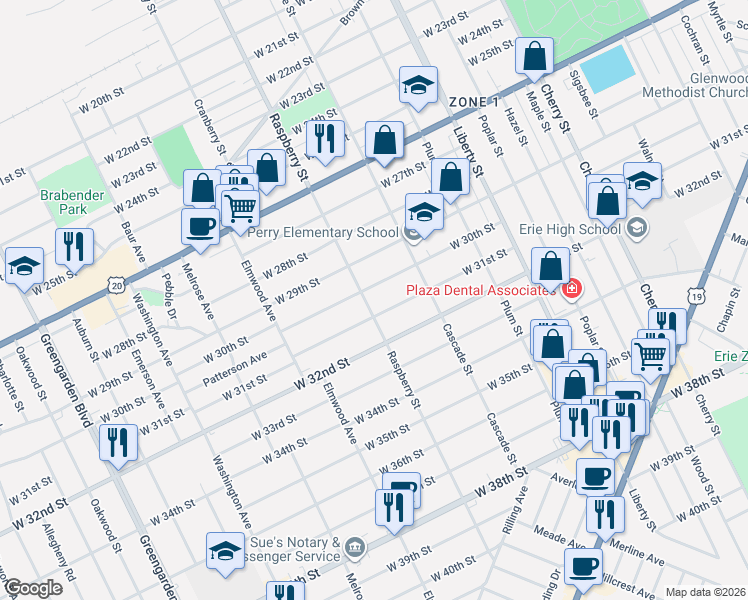 map of restaurants, bars, coffee shops, grocery stores, and more near 1050 West 30th Street in Erie