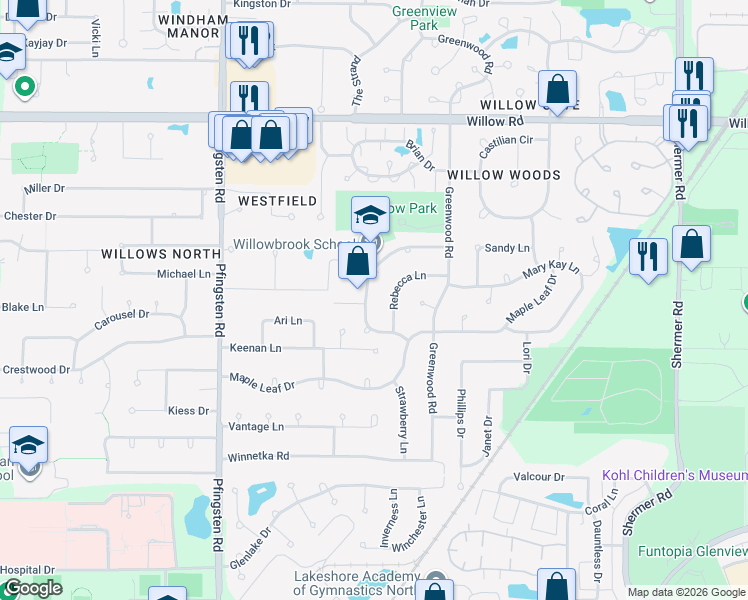 map of restaurants, bars, coffee shops, grocery stores, and more near 2440 Happy Hollow Road in Glenview