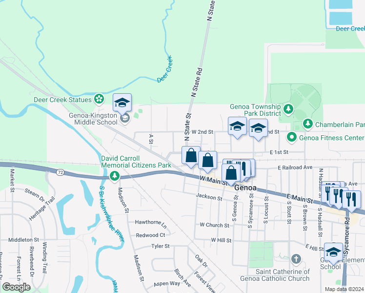 map of restaurants, bars, coffee shops, grocery stores, and more near 224 North State Street in Genoa
