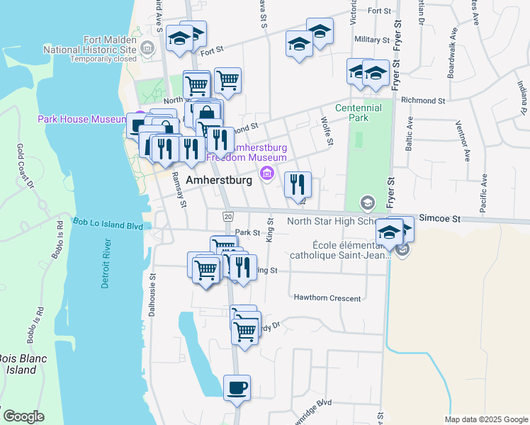 map of restaurants, bars, coffee shops, grocery stores, and more near 197 Simcoe Street in Amherstburg