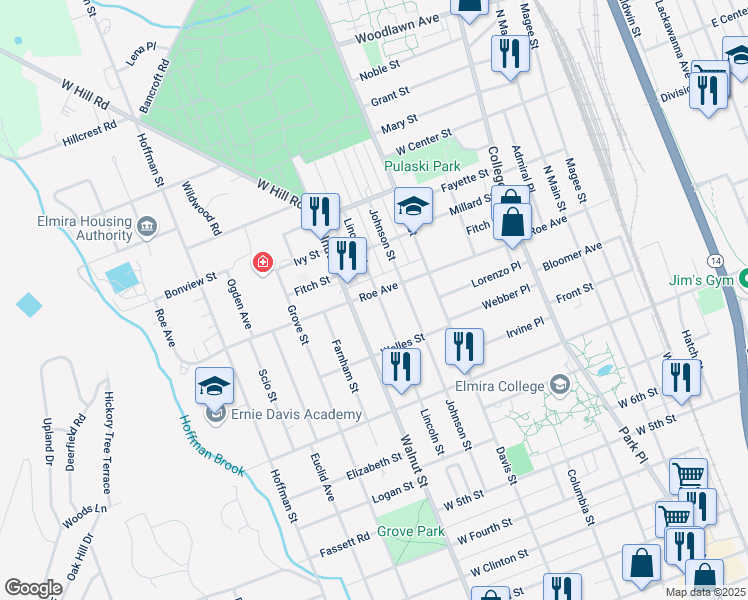 map of restaurants, bars, coffee shops, grocery stores, and more near 1005 Lincoln Street in Elmira