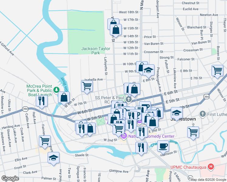 map of restaurants, bars, coffee shops, grocery stores, and more near 801 Washington Street in Jamestown
