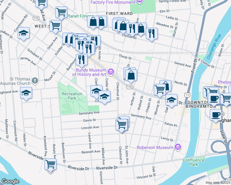 map of restaurants, bars, coffee shops, grocery stores, and more near 111 Chestnut Street in Binghamton