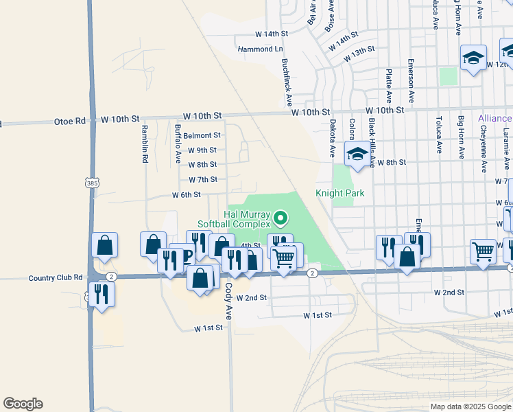 map of restaurants, bars, coffee shops, grocery stores, and more near 598 Cody Avenue in Alliance
