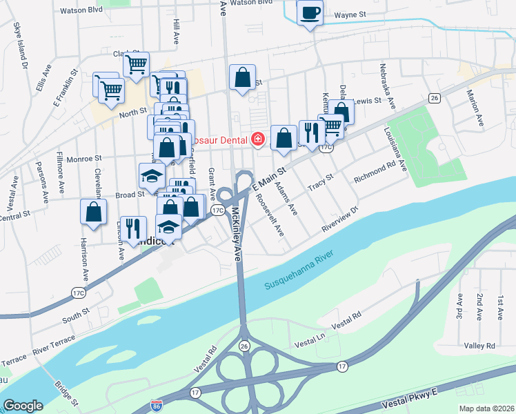 map of restaurants, bars, coffee shops, grocery stores, and more near 307 Roosevelt Avenue in Endicott