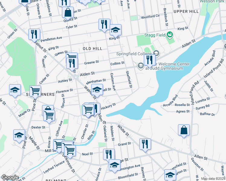 map of restaurants, bars, coffee shops, grocery stores, and more near 60 Marshall Street in Springfield