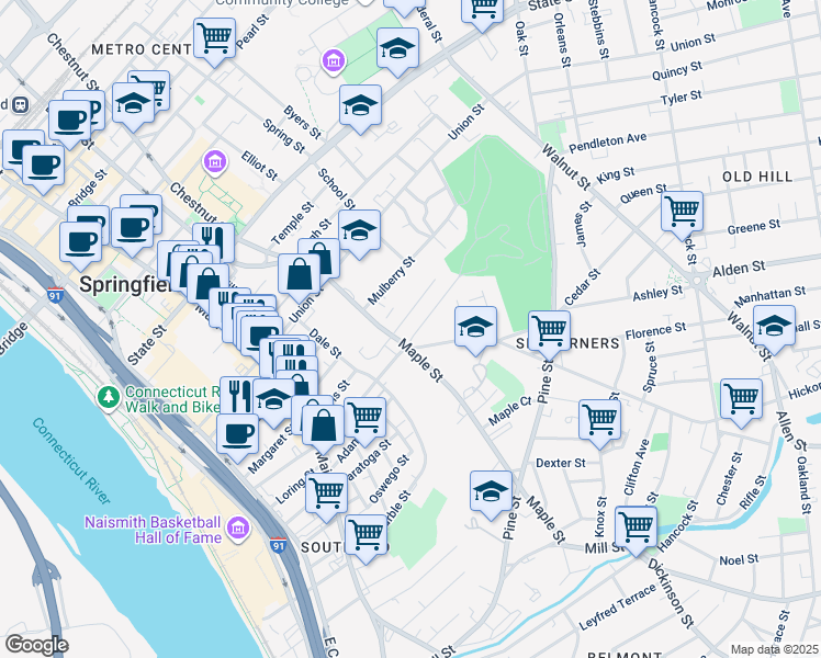 map of restaurants, bars, coffee shops, grocery stores, and more near 155 Maple Street in Springfield