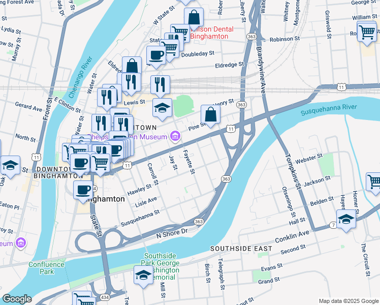 map of restaurants, bars, coffee shops, grocery stores, and more near in Binghamton