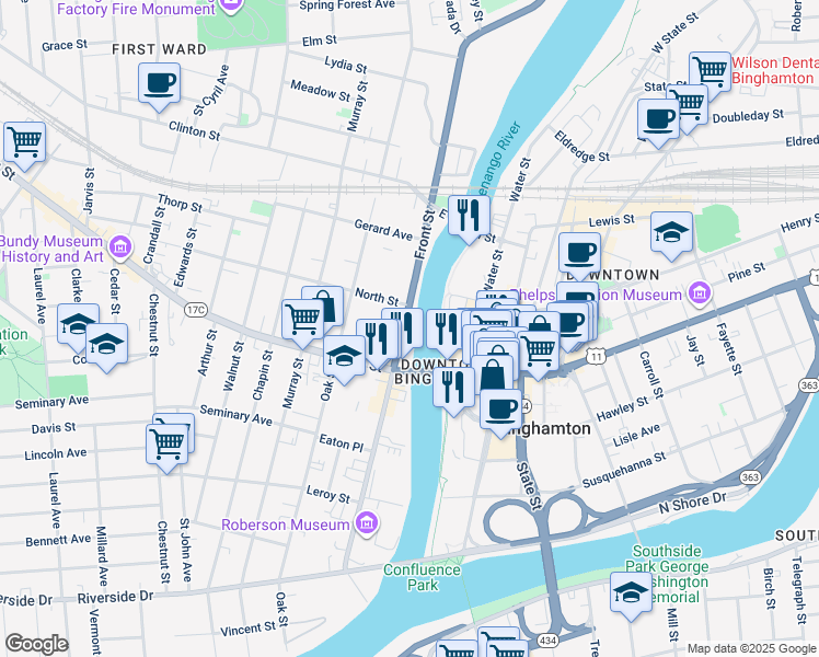 map of restaurants, bars, coffee shops, grocery stores, and more near 156 Front Street in Vestal