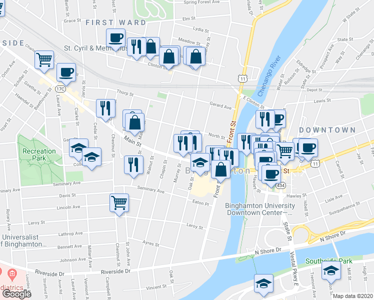 map of restaurants, bars, coffee shops, grocery stores, and more near 123 Murray Street in Binghamton