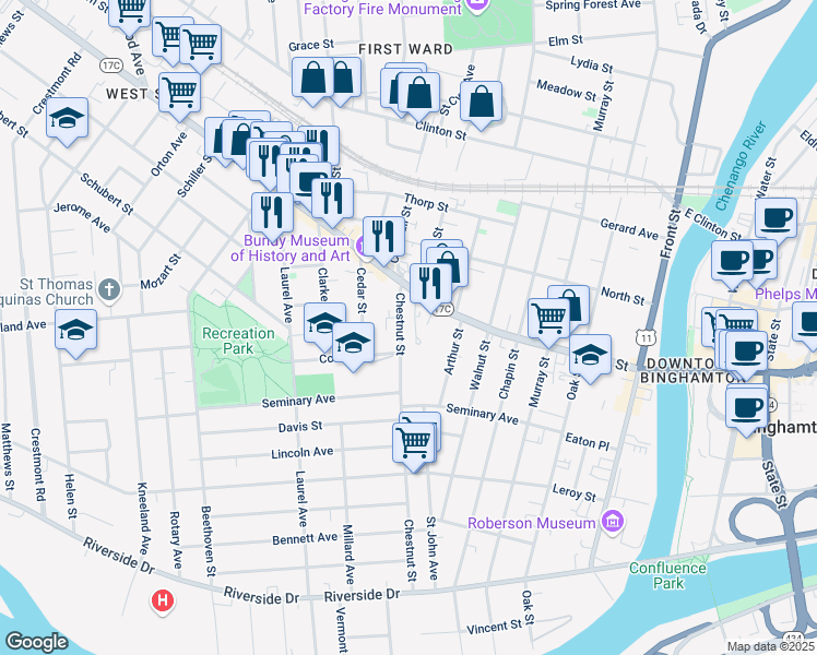 map of restaurants, bars, coffee shops, grocery stores, and more near 111 Chestnut Street in Binghamton